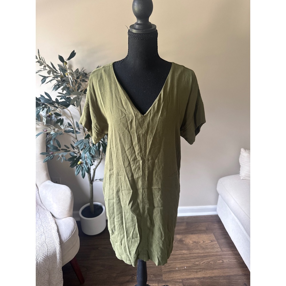 Madewell Olive Green V-Neck Shift Dress Short Sleeve Textured Crepe XS